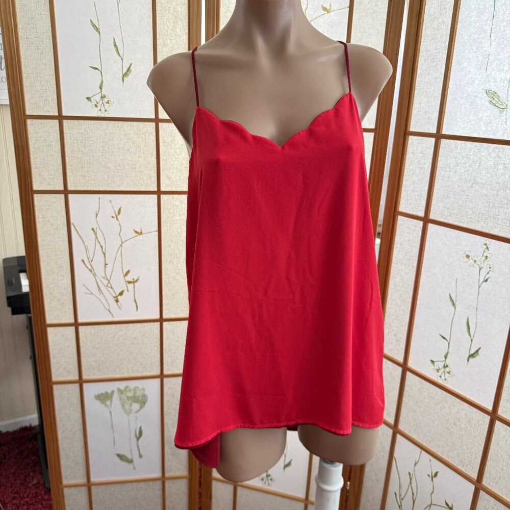 Red Scallop-Trim Spaghetti Strap Cami Top